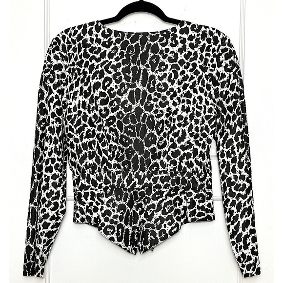 BATSHEVA Snow Leopard Print Tailored Long Sleeve V-Neck Faux Wrap Peplum Top 4 - Picture 2 of 5